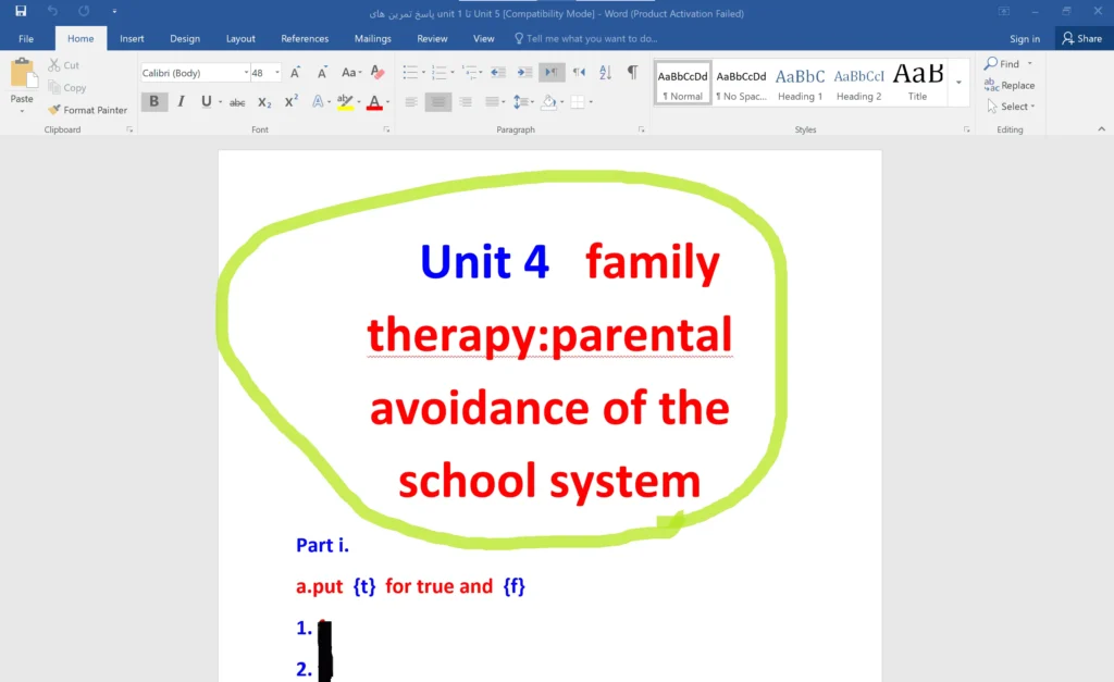 پاسخ تمرین unit 4 کتاب (English for the Students of Guidance & Counseling) درس چهارم (family therapy: parental avoidance of the school system)